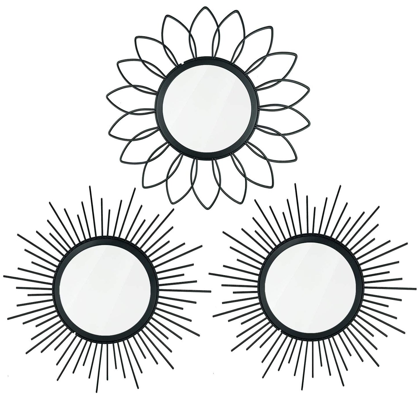 3 Pack Metal Mirrors for Wall Sunburst Wall Mirrors Home Décor Decorative Hanging Wall Art for Living Room Bedroom Entryway (Gold, Flower+Sunburst)