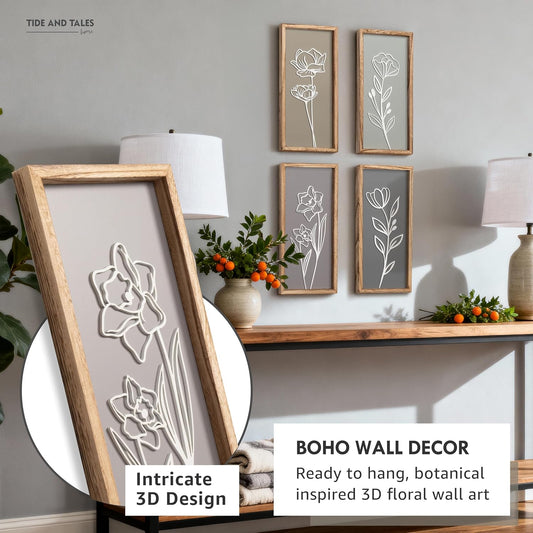 3D Wooden Floral Bathroom Wall Decor (Set of 4) Lightweight, Ready-to-Hang Framed Wall Art For Living Room, Bedroom, or Office - Premium Boho Botanical Farmhouse Decorations - Gift-Boxed
