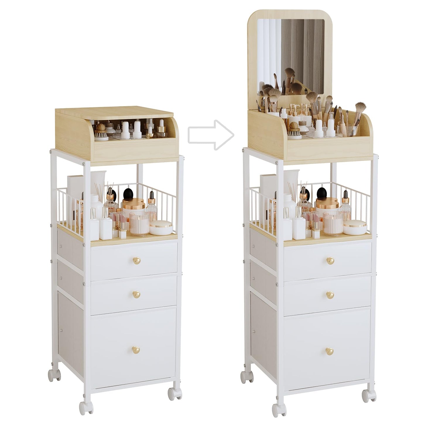 Makeup Cart Organizer with Mirror, Floor Makeup Organizer Large- Make Up Organizers Vanity Cart Cosmetic Display Cases Holder for Skin Care Perfume Nail Polish Brush Hair Tool (Gold)