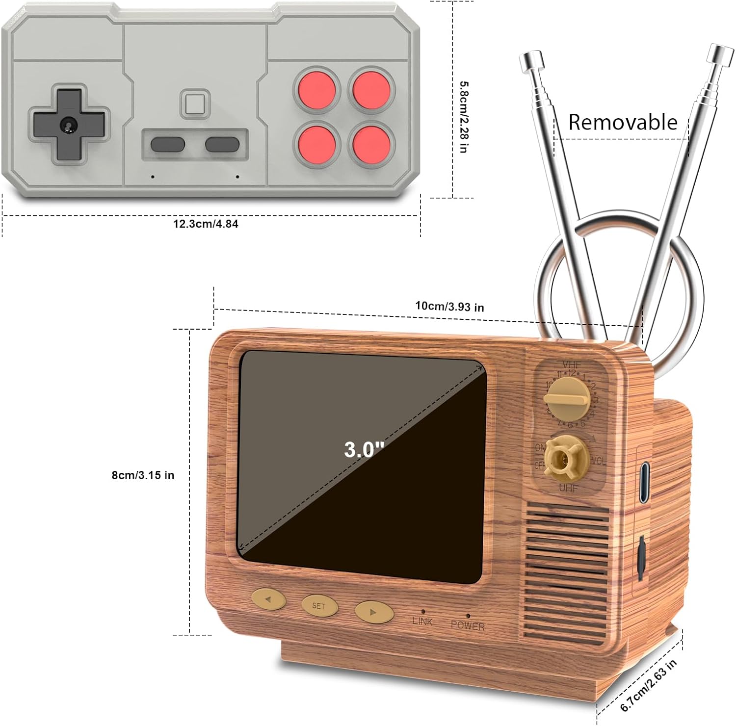 Mini TV Retro Handheld Game Console -JALECO Licensed Classic Games, Portable Gaming Toy with TF Card to Expand 80s 90s Games, Support Two Players & Game Save, Ideal Gift for Boys Girls (Wood)