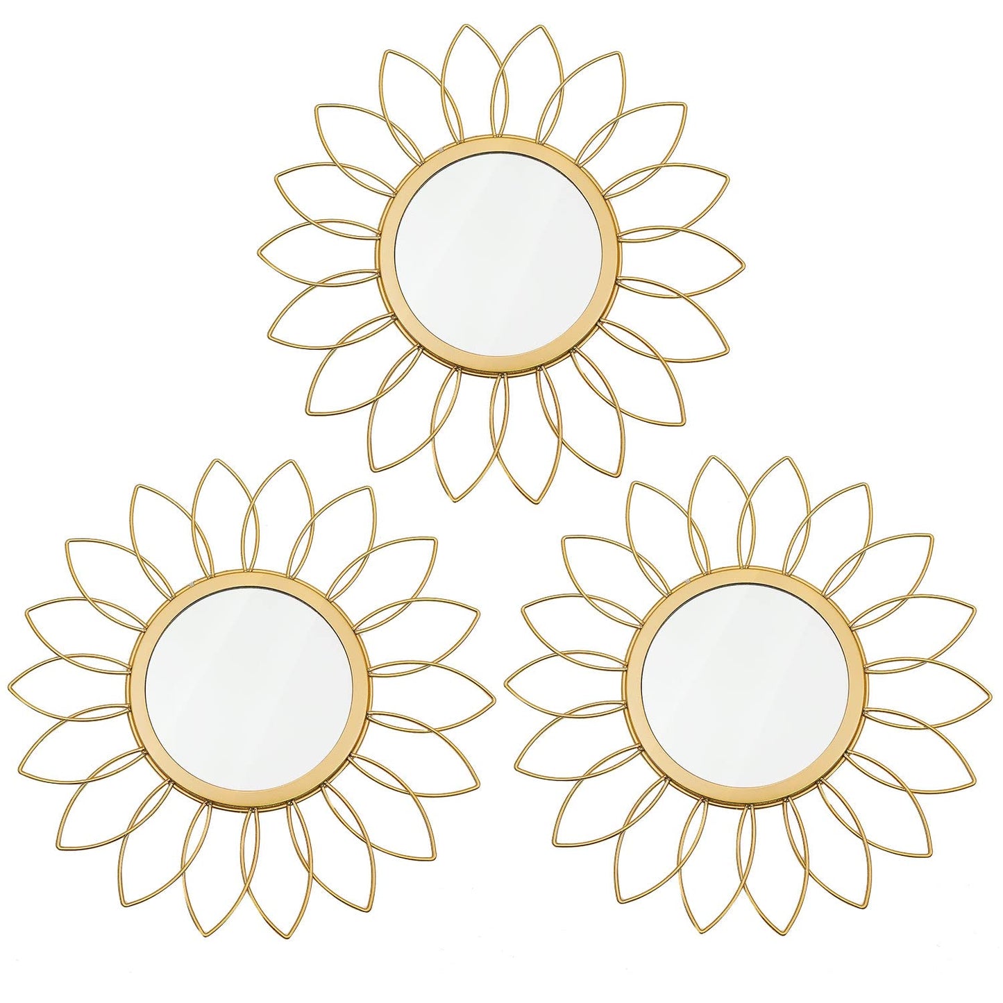 3 Pack Metal Mirrors for Wall Sunburst Wall Mirrors Home Décor Decorative Hanging Wall Art for Living Room Bedroom Entryway (Gold, Flower+Sunburst)