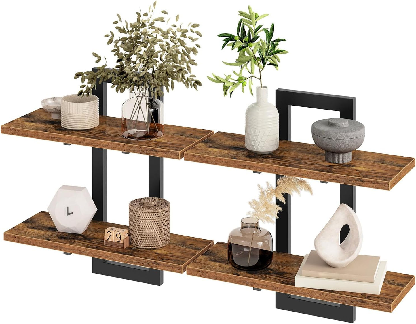 HOOBRO Floating Shelves, 15 Inch Wall Shelf Set of 2, Wall Mounted Storage Shelves 2-Tier, Hanging Bathroom Shelves, for Living Room, Bedroom, Bathroom, Kitchen, Rustic Brown and Black BF32BJ01