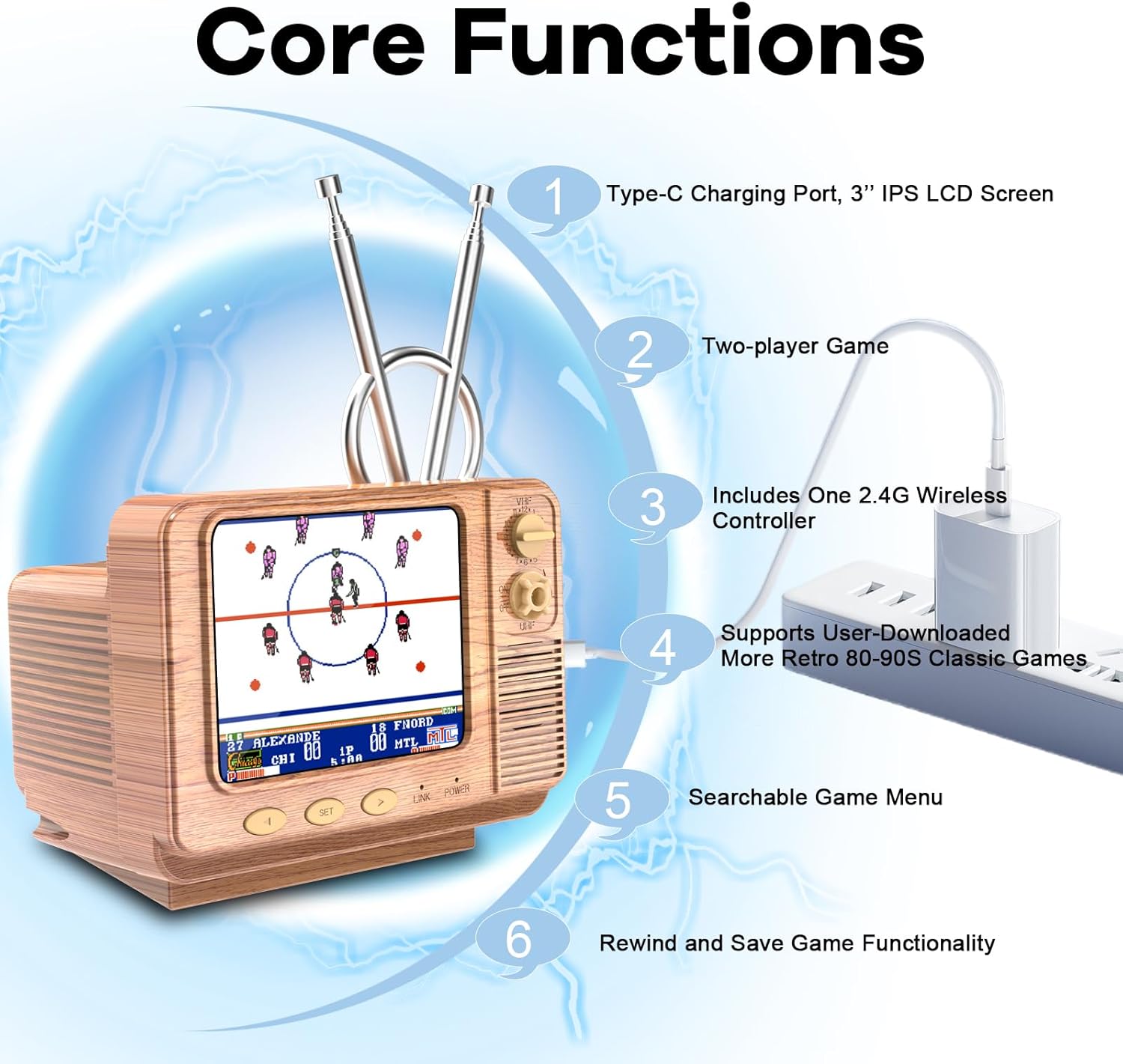 Mini TV Retro Handheld Game Console -JALECO Licensed Classic Games, Portable Gaming Toy with TF Card to Expand 80s 90s Games, Support Two Players & Game Save, Ideal Gift for Boys Girls (Wood)