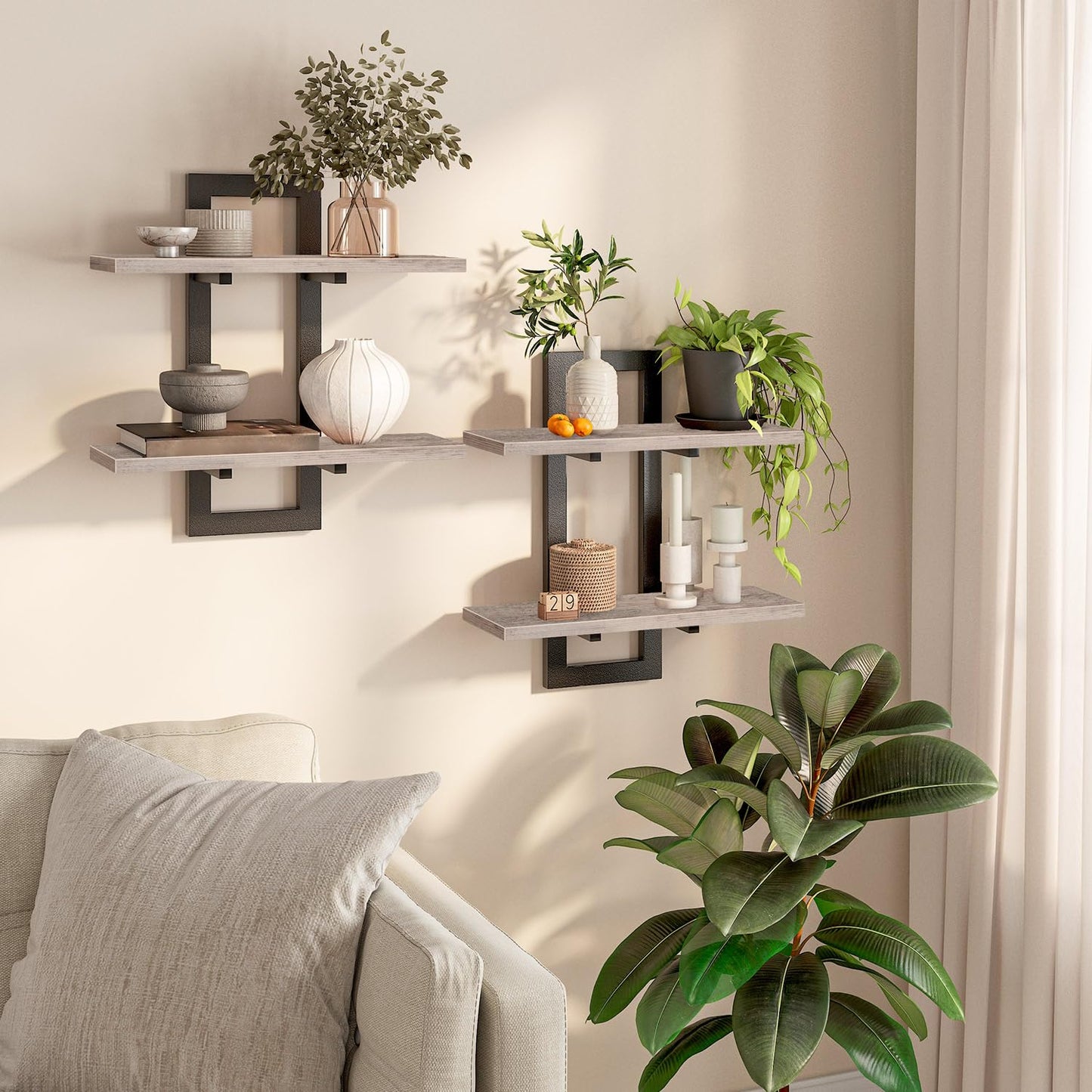 HOOBRO Floating Shelves, 15 Inch Wall Shelf Set of 2, Wall Mounted Storage Shelves 2-Tier, Hanging Bathroom Shelves, for Living Room, Bedroom, Bathroom, Kitchen, Rustic Brown and Black BF32BJ01