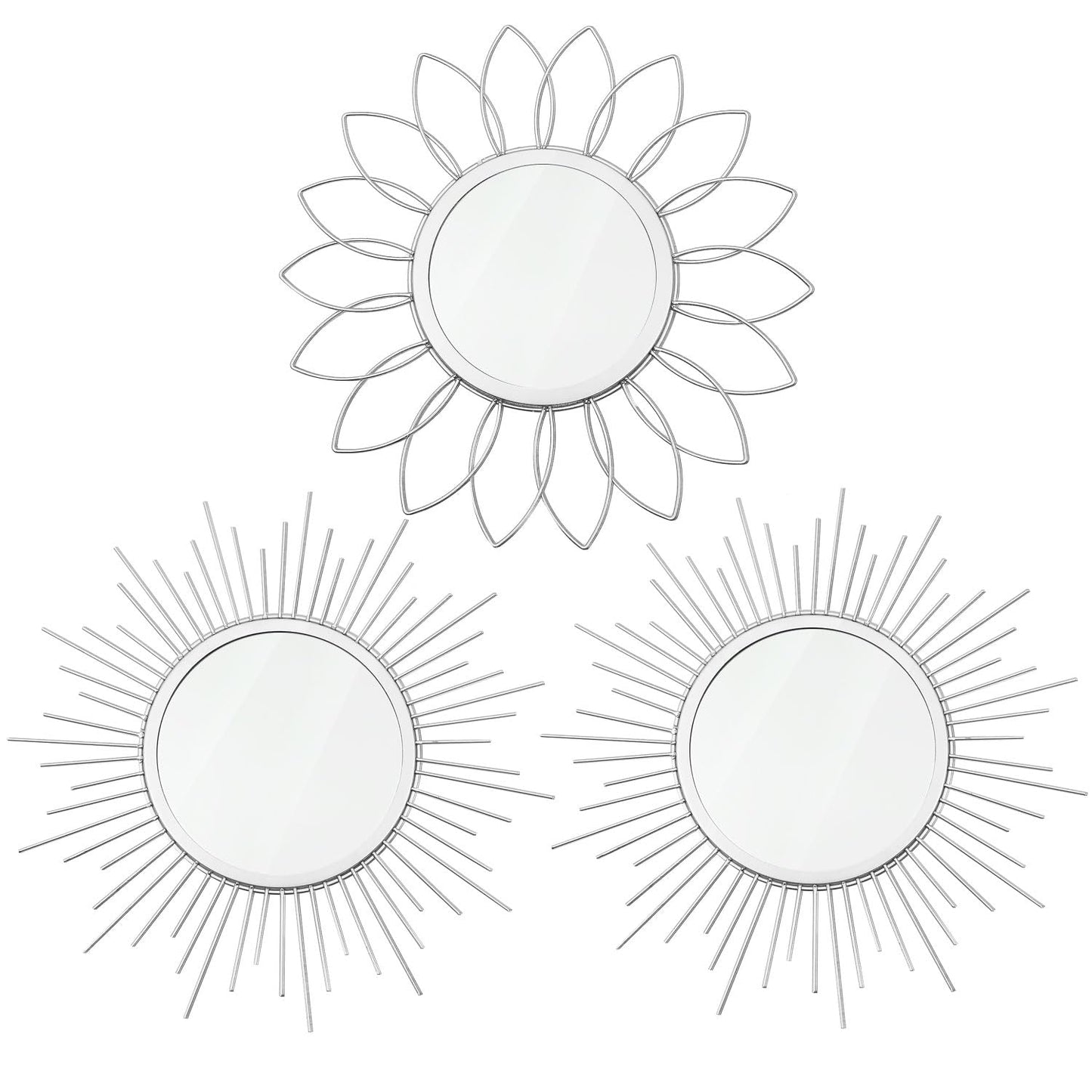 3 Pack Metal Mirrors for Wall Sunburst Wall Mirrors Home Décor Decorative Hanging Wall Art for Living Room Bedroom Entryway (Gold, Flower+Sunburst)